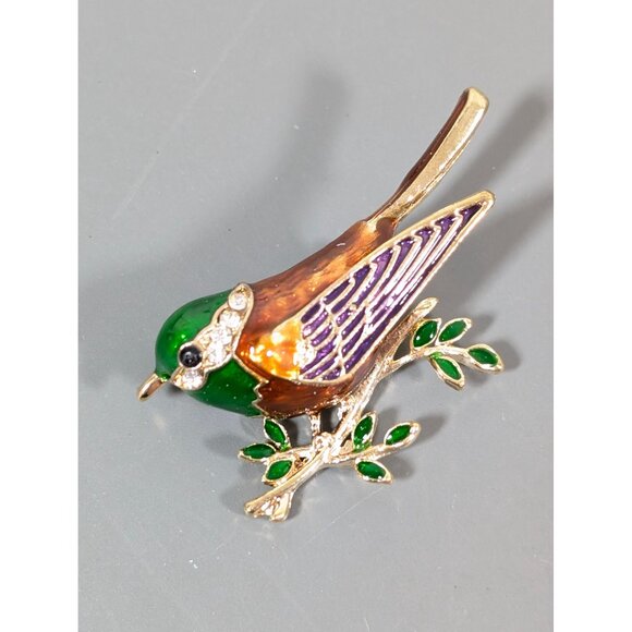 Retro Green Brown Enamel Rhinestone Bird on Branch Brooch Pin - Picture 2 of 6